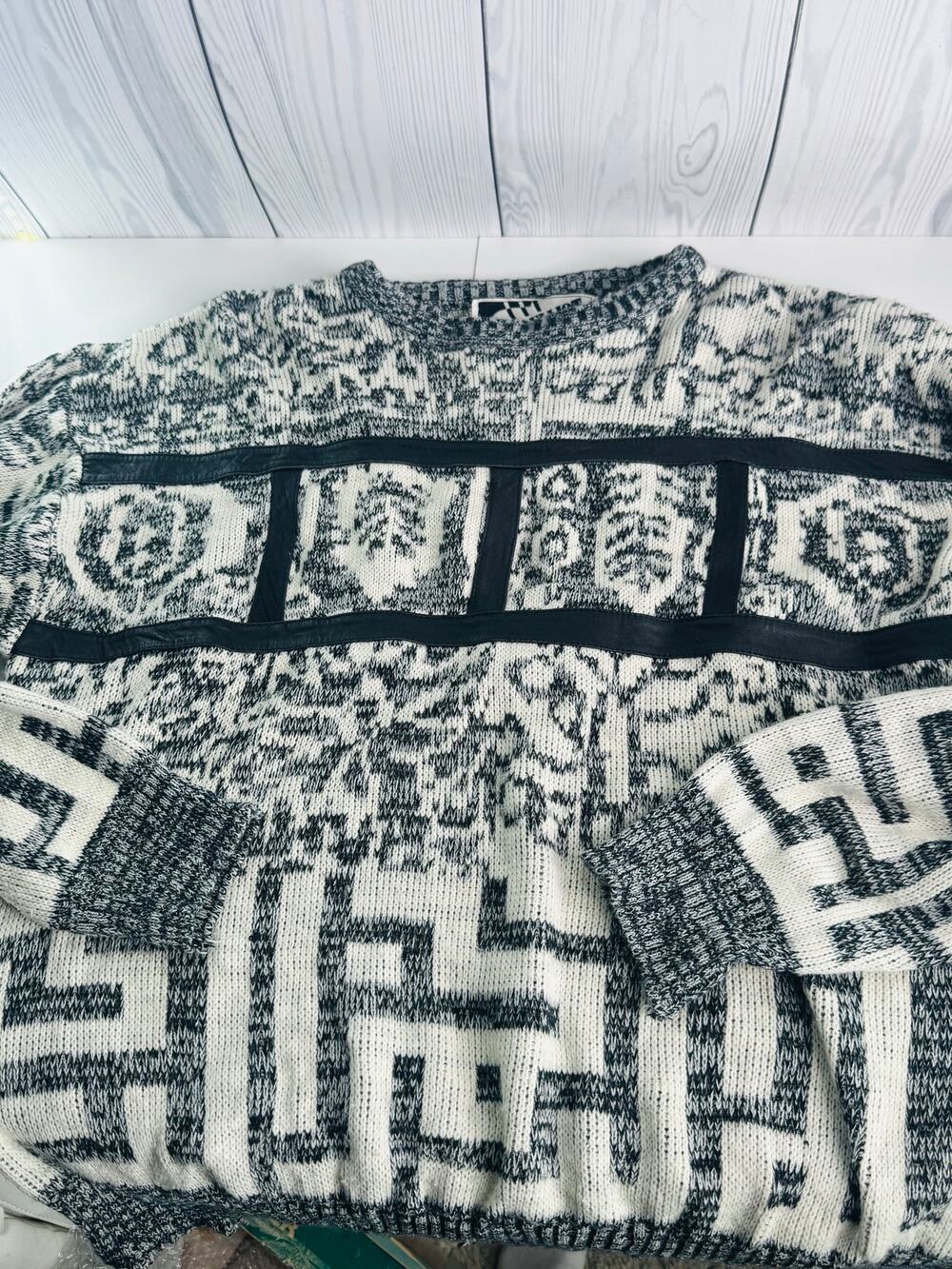 Vintage 80s 90s Mark Elliot Acrylic Nylon Sweater Genuine Leather Trim  Large